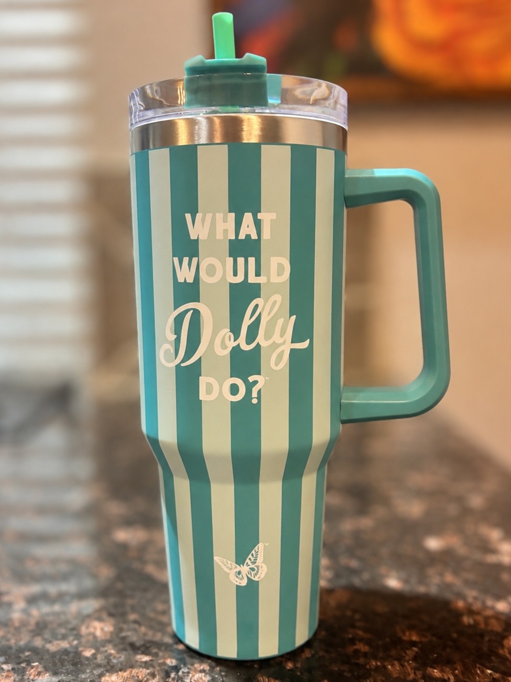 Turquoise Striped Travel Tumbler with Handle - 'What Would Dolly Do?'